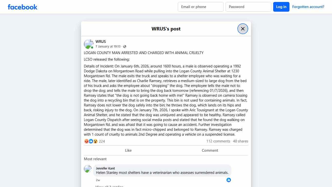 WRUS - LOGAN COUNTY MAN ARRESTED AND CHARGED WITH ANIMAL... Facebook