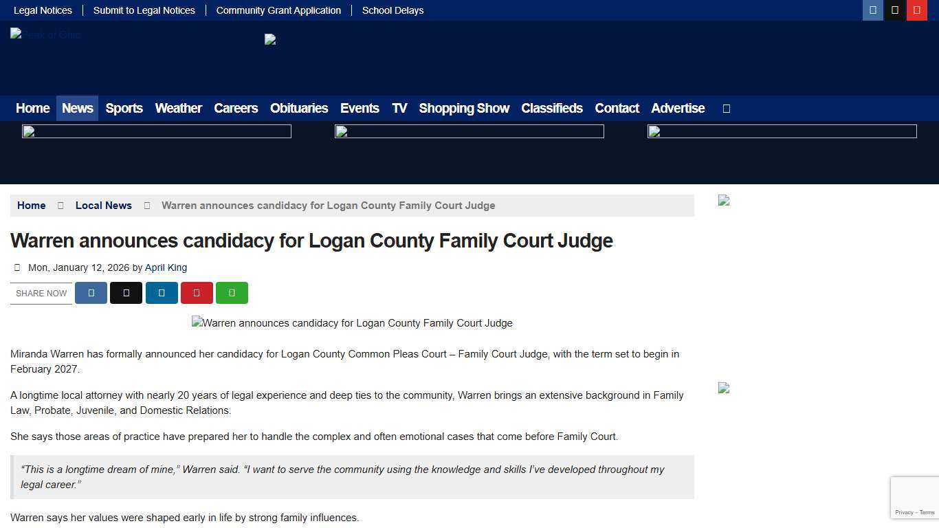 Warren announces candidacy for Logan County Family Court Judge – Peak of Ohio